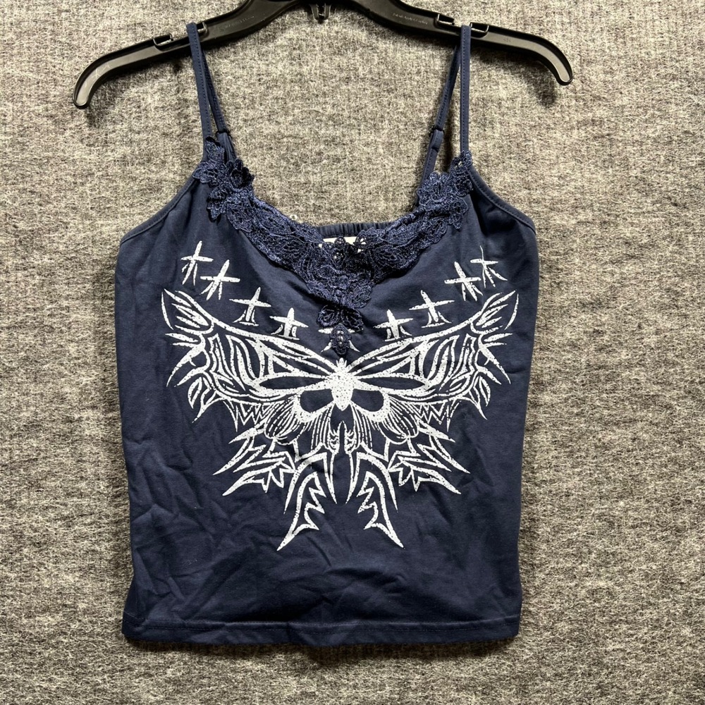 Navy Blue Lace Trim Butterfly Graphic Cami Top Y2K Grunge Fairycore